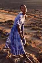 Load image into Gallery viewer, JUDITH ATELIER BISA MOHAIR COTTON PLEATED KNIT DRESS BLUE